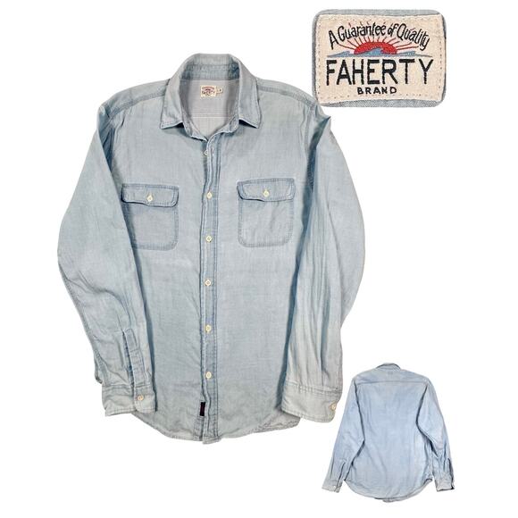 Faherty Chambray Workshirt Men’s Large Blue Long Sleeve Tried & True Button-Up - Picture 1 of 7